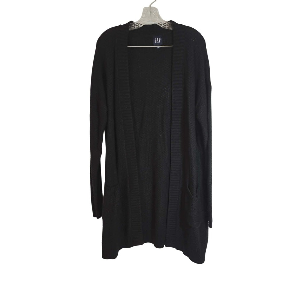 Gap Womens Black Textured Cotton Open Front Cardigan Sweater Pockets Size M New